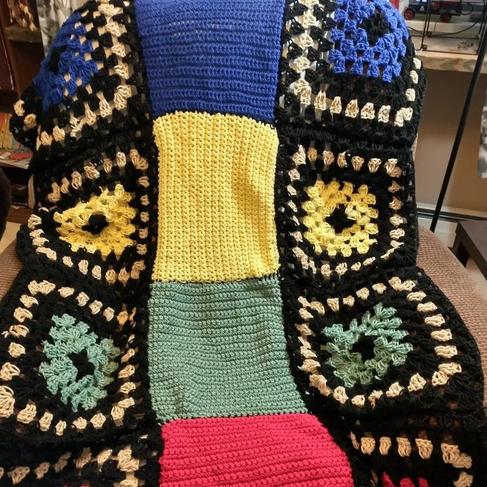 Hand Crafted Crochet Blanket Afghan Granny Square Twin X Long Multi color 72x32